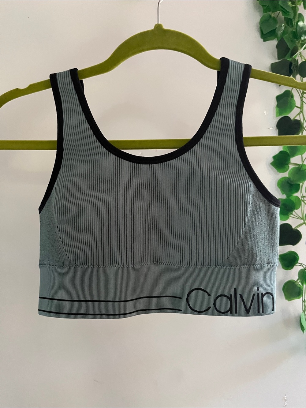 Calvin Klein Grey Ribbed Seamless Crop Bralette with Black Trim